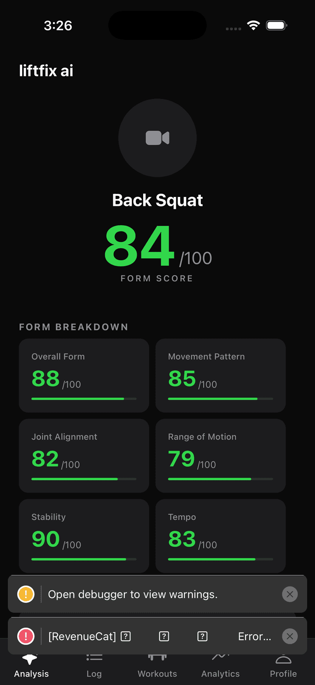 LiftFix AI - Results screen showing 84/100 form score